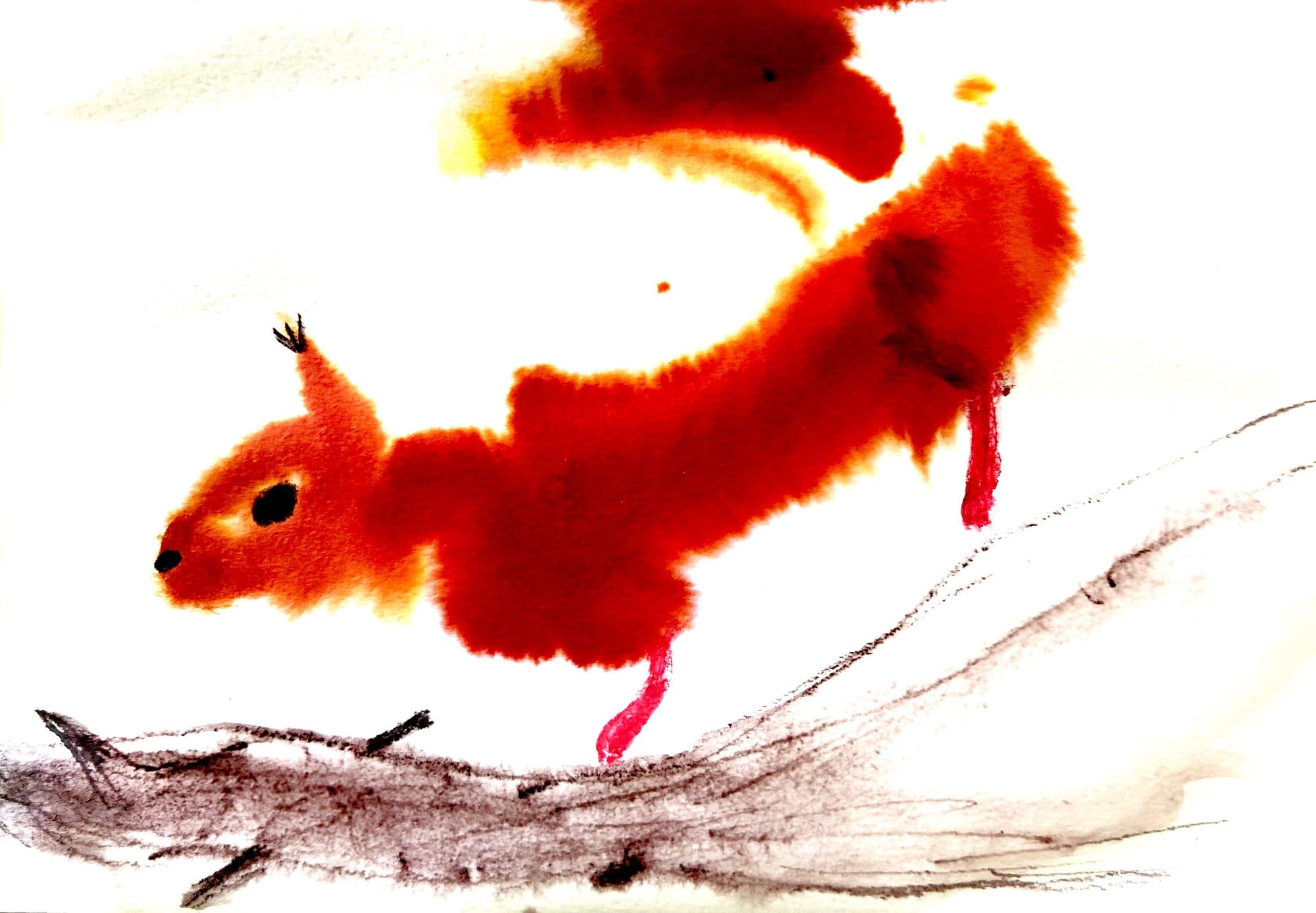 Pildil on kujutatud koredal puuoksal küljevaates väga maaliline, hoogsalt maalitud oranžikas orav