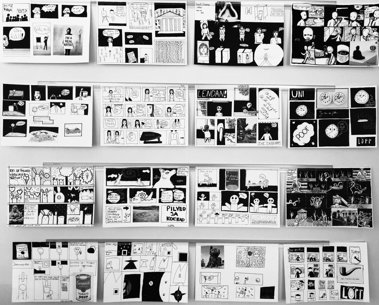 Fotol on 16 eri kunstiteoste ainetel loodud must-valget koomiksit