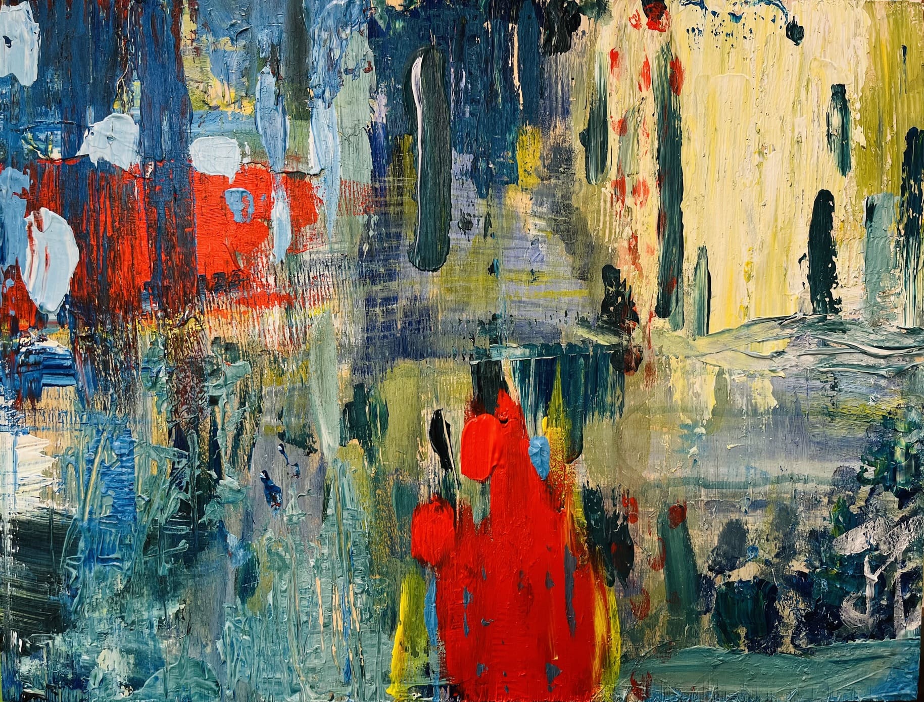 Abstraktne maal sinises koloriidis tugeva punase kontrastiga