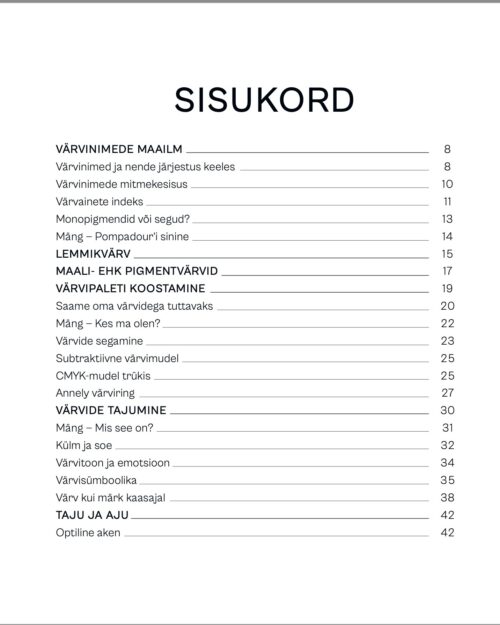 Värvusõpetuse tööraamatu sisukord